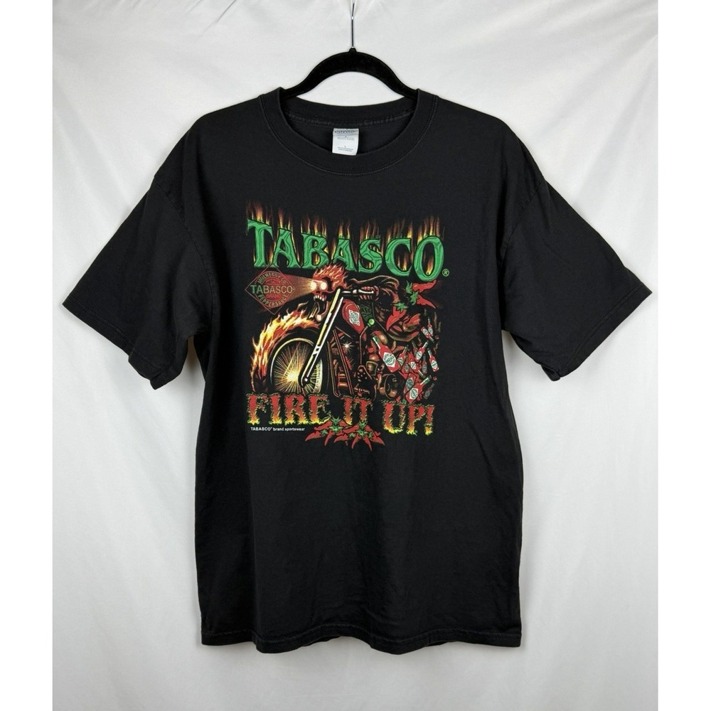 Vintage Tabasco Shirt Mens L Black Motorcycle Flames Biker Fire It Up 90s Y2K